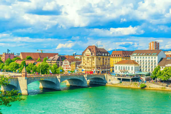 riverside of rhine in basel with mittlere brucke switzerland