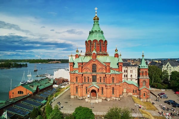 scenic aerial view of uspenski cathedral in helsinki finland 
