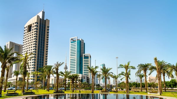 skyline of kuwait city at al shaheed park