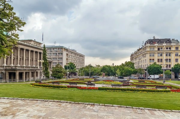 square with a fountain near the new palace in belgrade serbia
