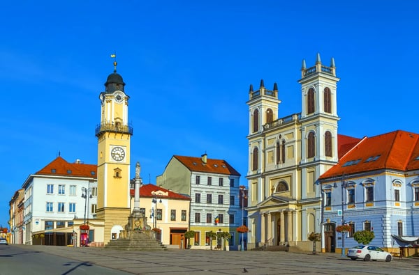 st francis xavier cathedral and clock tower on slovak national uprising square in banska bystrica
