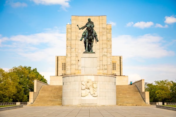 statue of jan zizka atop of the national monument at vitkov park in zizkov district in prague 