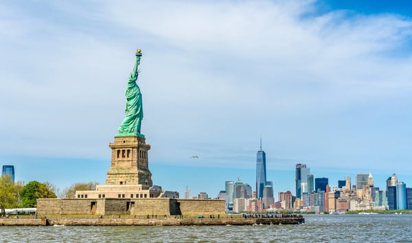 statue of liberty and manhattan new york city usa 