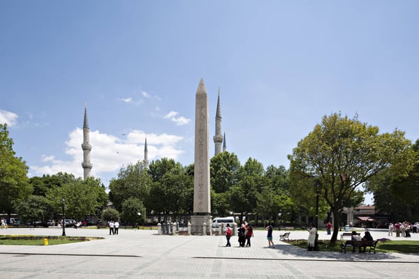 sultanahmet mosque and obelisk are in the square