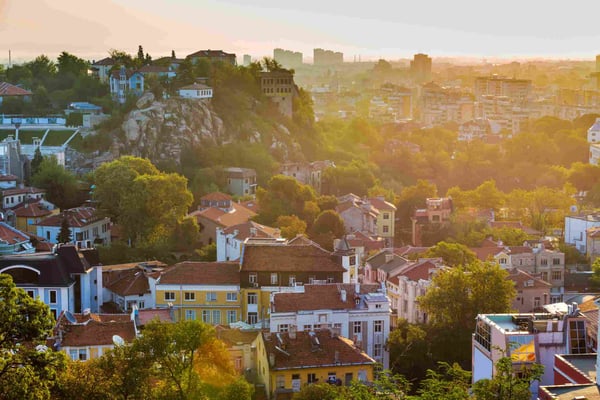 sunrise plovdiv aerial skyline panorama