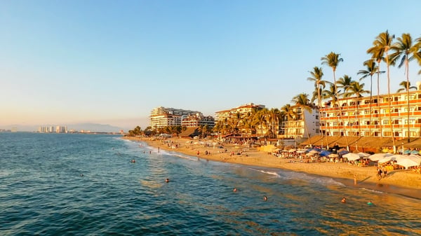 sunset over tropical beach puerto vallarta mexico 