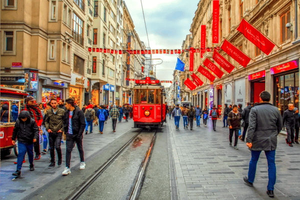 taksim istanbul turkey nostalgic red tram in taksim istiklal street at evening taksim 