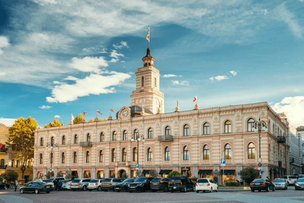 tbilisi georgia tbilisi city hall in freedom square in city center clock towered