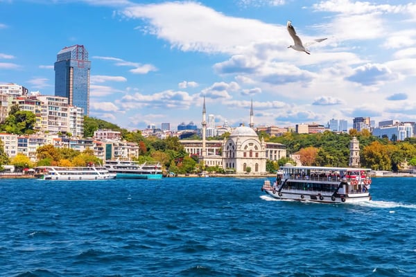 the bosphorus view on the molla celebi mosque and the modern buildings of istanbul turkish 
