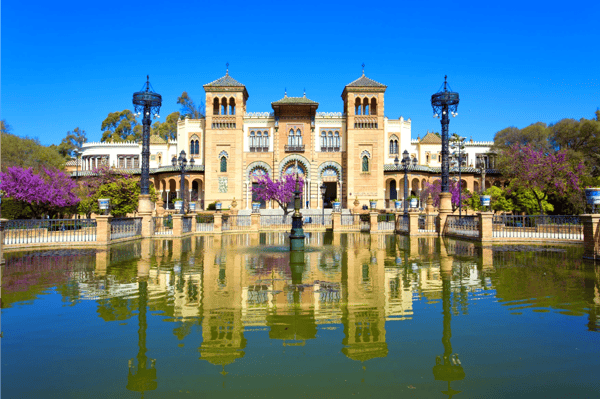 the mudejar pavilion and pond placed in the plaza de america houses the museum of arts