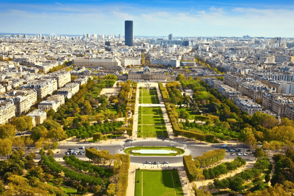 top view from eiffel tower on famous champs de mars paris france