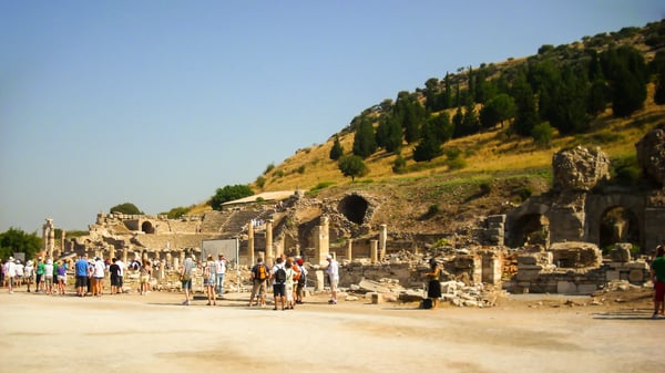 tourist visiting ephesus ancient city near kusadasi
