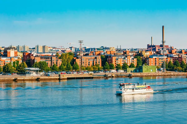 touristic pleasure boat near harbour of helsinki finland summer day clear blue sky