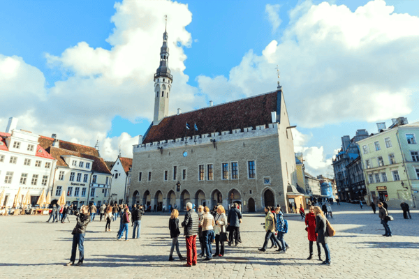 town hall square raekoja plats heart of tallinn in old town on evening in tallinn estonia