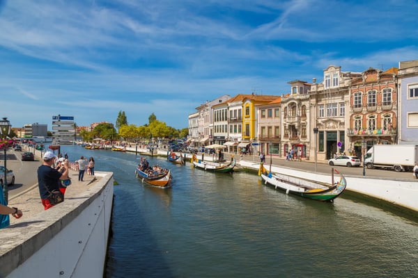 traditional boats on main city canal in aveiro 