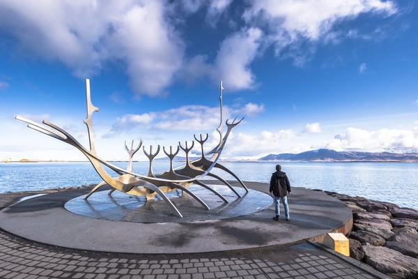 traveler at the sun voyager statue in reykjavik iceland