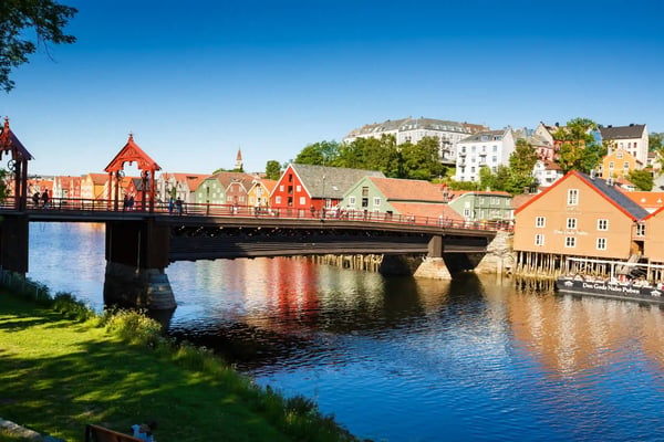 trondheim norway colorful old houses at the nidelva river embankment and bridge