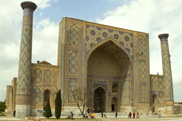 ulugbek madrasah on registan square in samarkand uzbekistan