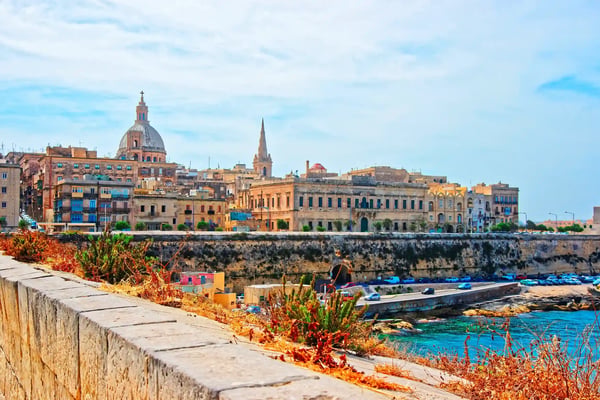 valletta skyline with st paul cathedral and bastions on malta island