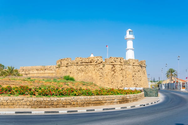 venetian fortification of famagusta with a white lighthouse cyprus