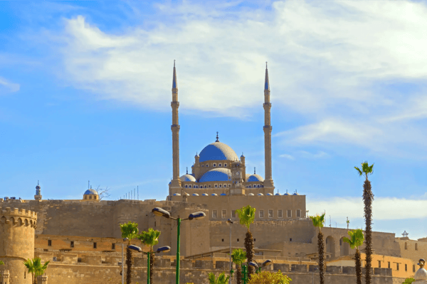 view at the walls of citadel and the mosque in cairo egypt 