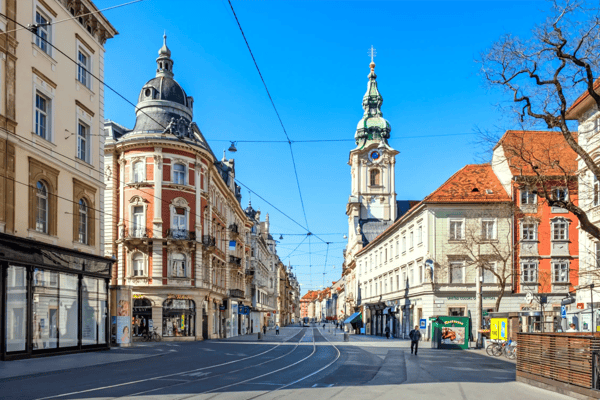 view from eisernes tor to street herrengasse in deserted town graz styria at virus quarantine austria