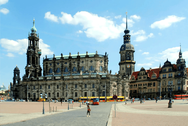 view from the theatre square on the cathedral of the holy trinity in dresden with the hausmannsturm
