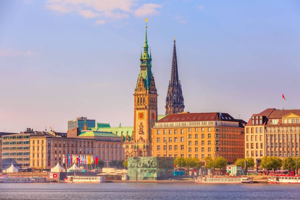 view of city center with town hall and alster lake