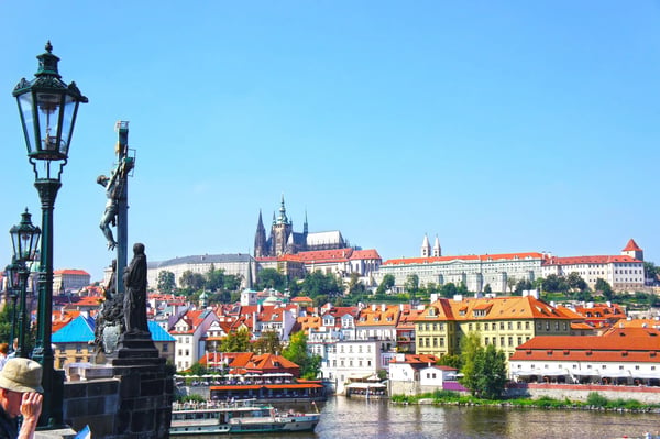 view on the prague gothic castle and charles bridge above river vltava czech republic