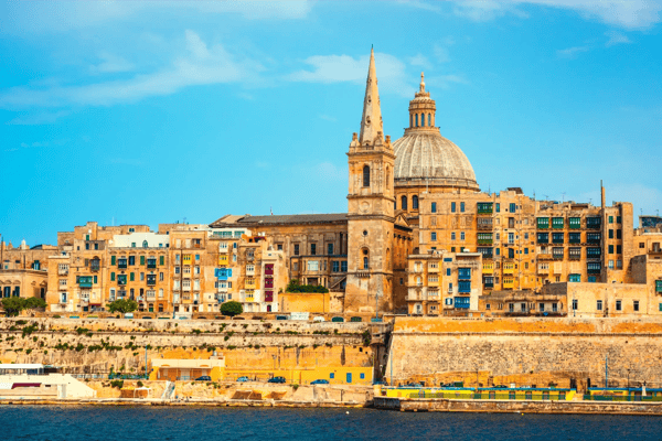 view on valletta with the st pauls cathedral and charmelite church from the sea 