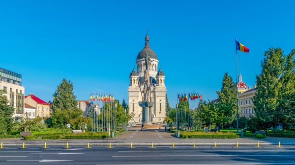 view to the avram iancu square and the dormition of the theotokos cathedral the most famous romanian 