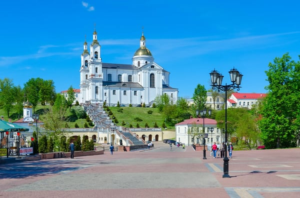 vitebsk belarus unidentified people go on pushkin bridge in the direction of holy