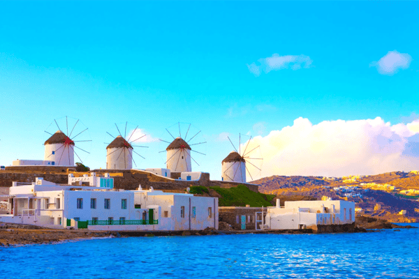 widnmills view from the heart of little venice in mykonos island cyclades greece