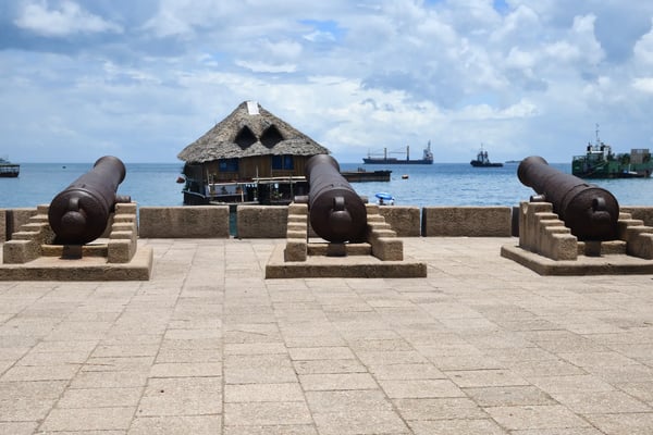 zanzibar tanzania waterfront of stone town with old cannons in zanzibar