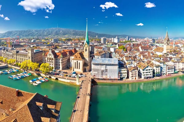 zurich and limmat river waterfront aerial panoramic view largest city in switzerland 