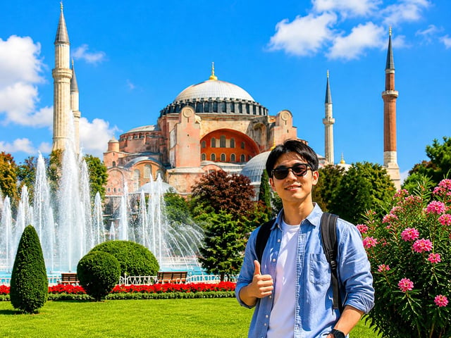 A Chinese Tourist Posing In Front Of Hagia Sophia