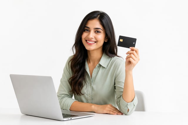 A Woman Paying The Evisa Fee Using A Credit Card