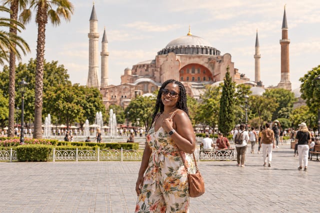 Tourist Before Hagia Sophia In Turkey