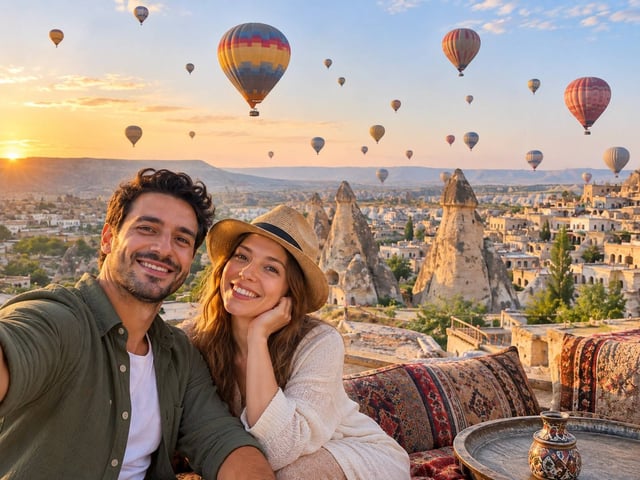 Tourists Enjoying Hot Air Balloons In Cappadocia