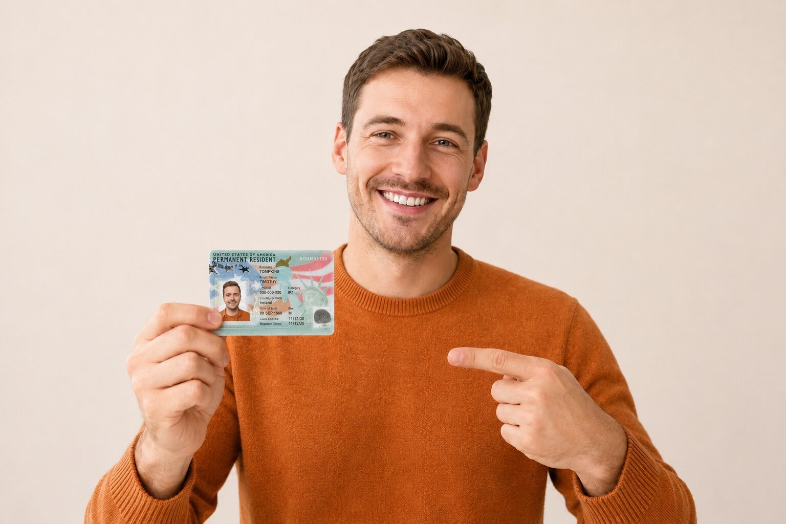 Un hombre con una tarjeta de residencia estadounidense (Green Card).
