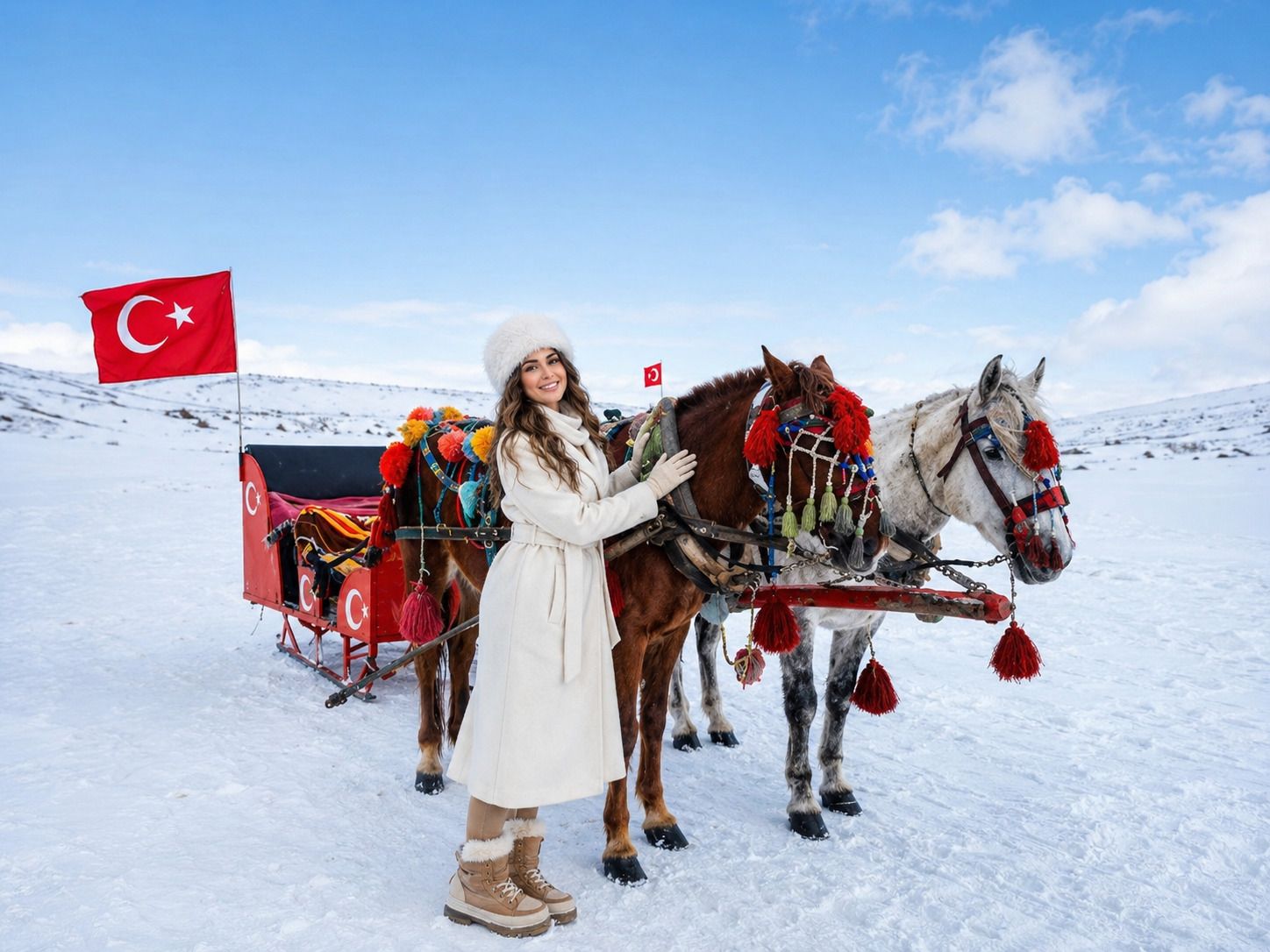 A Woman Posing Next To The Traditional Horse Drawn Sleigh