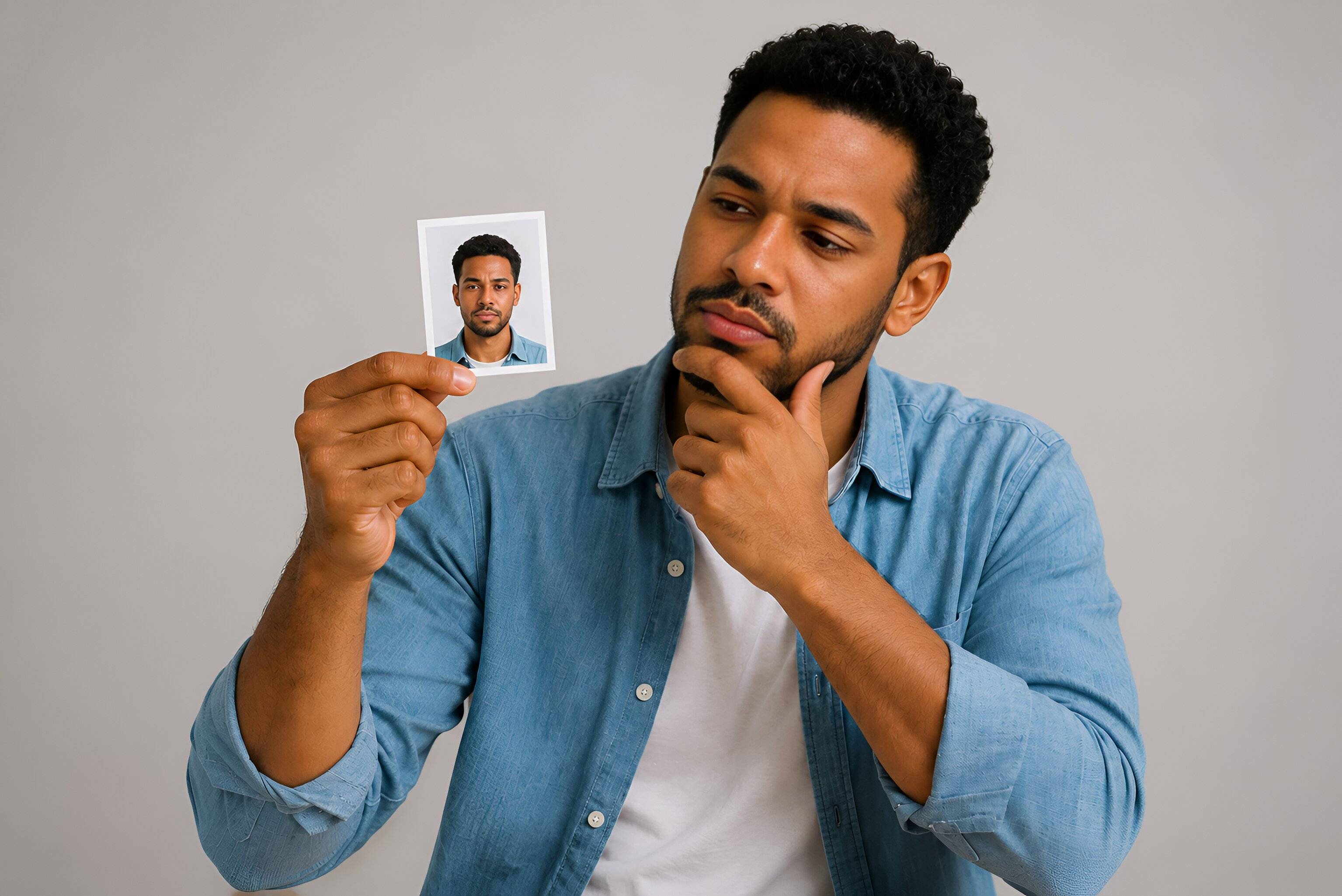 Bahamian traveller holding passport-size photo