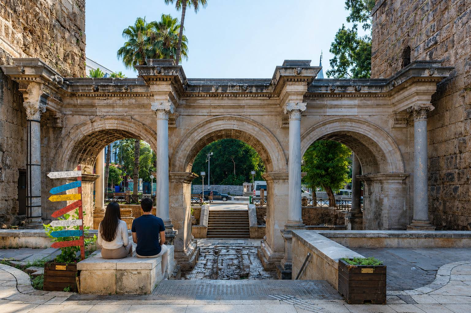 Couple Seated Beneath Hadrians Gate Arches