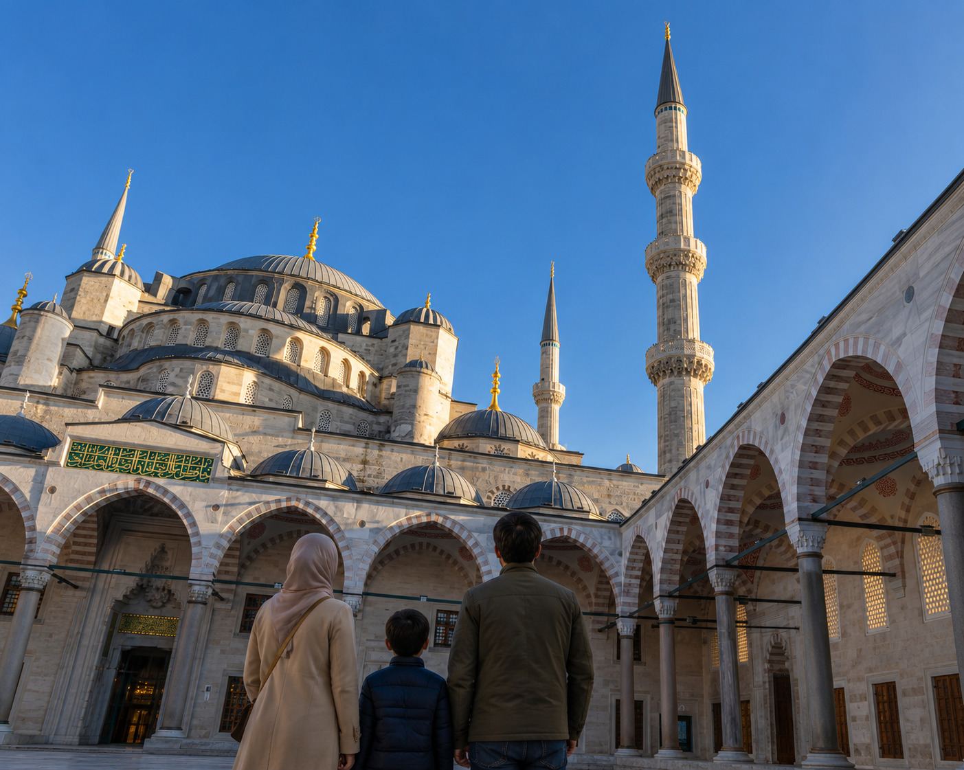 Family Admiring Istanbuls Blue Mosque Courtyard