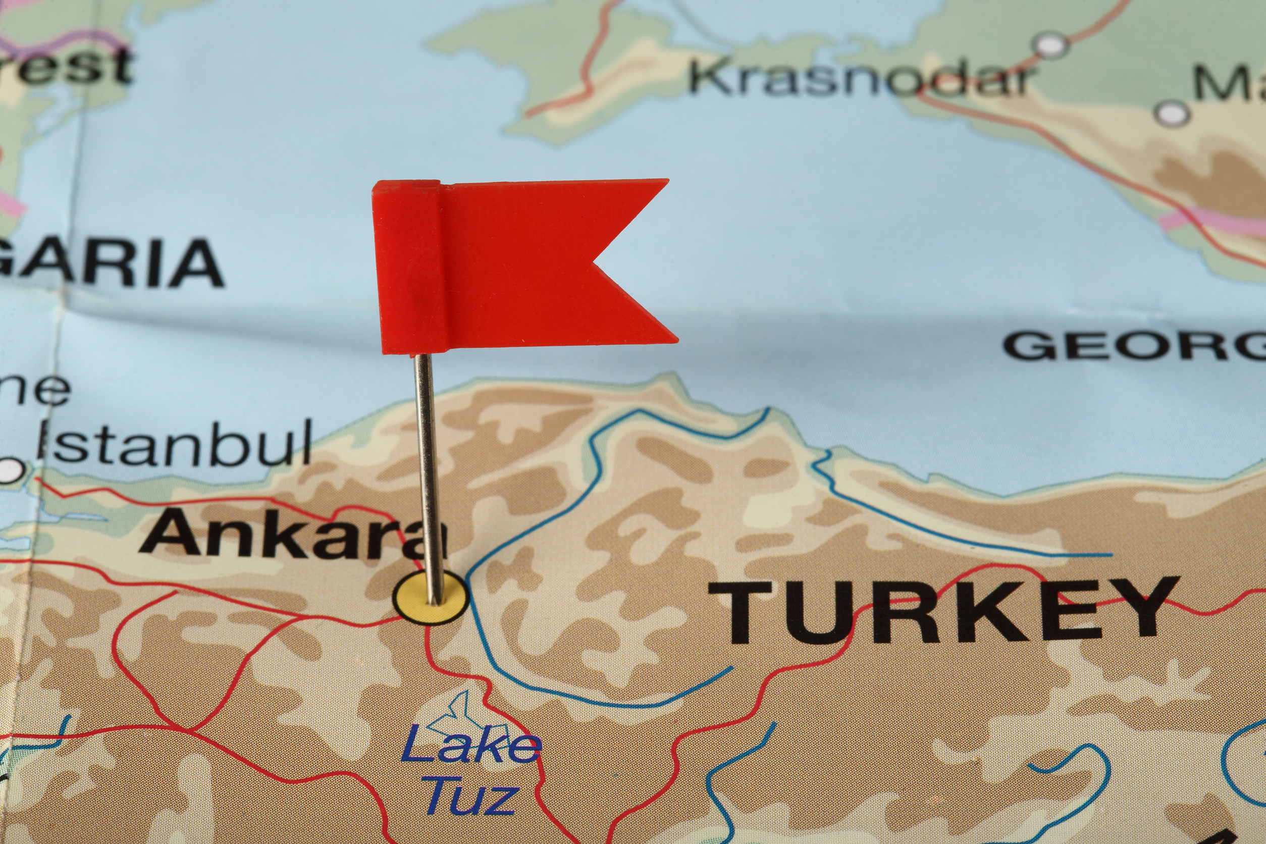 flag pin on the map pointing ankara turkey