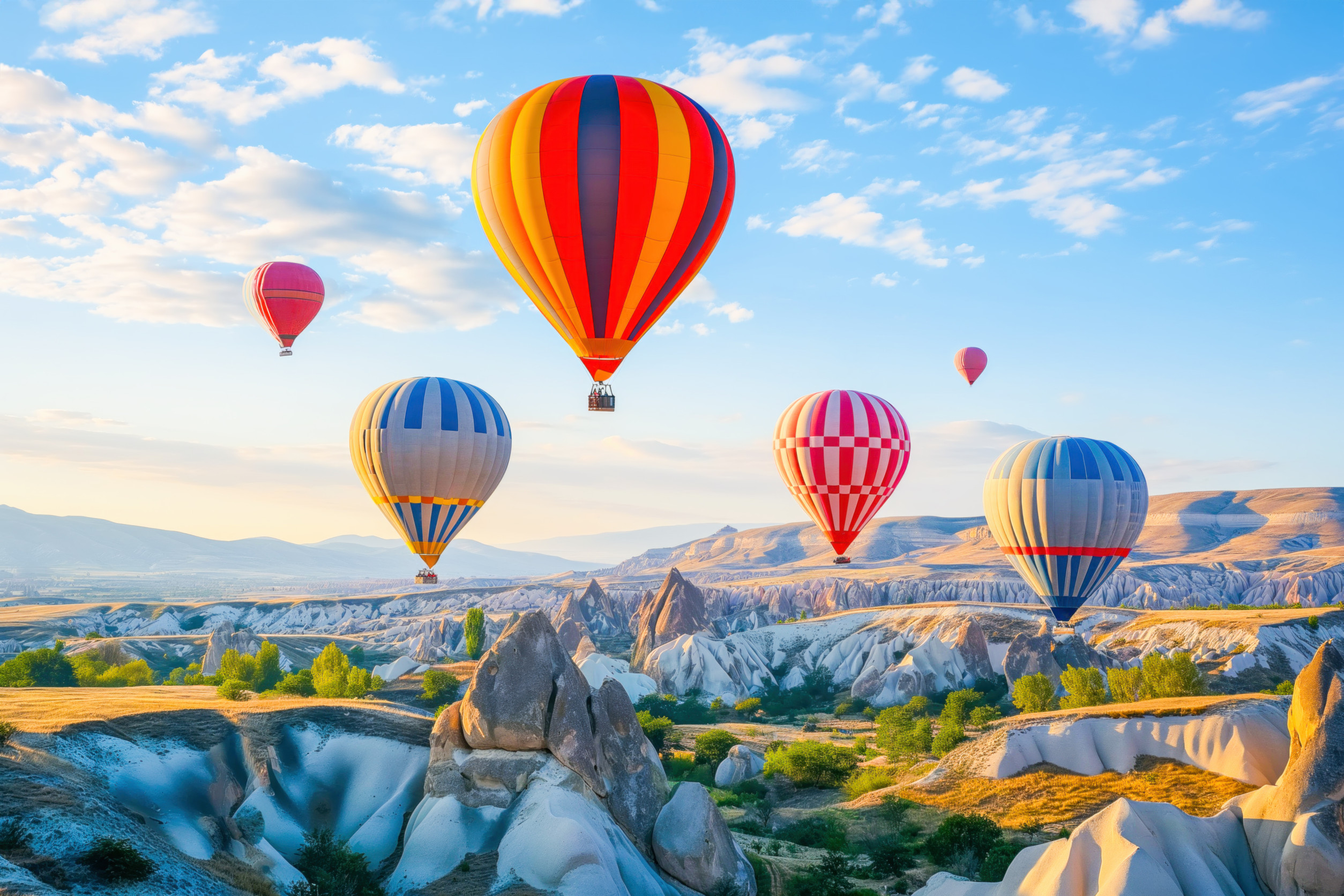 Hot Air Balloon Over mountain At Sunrise