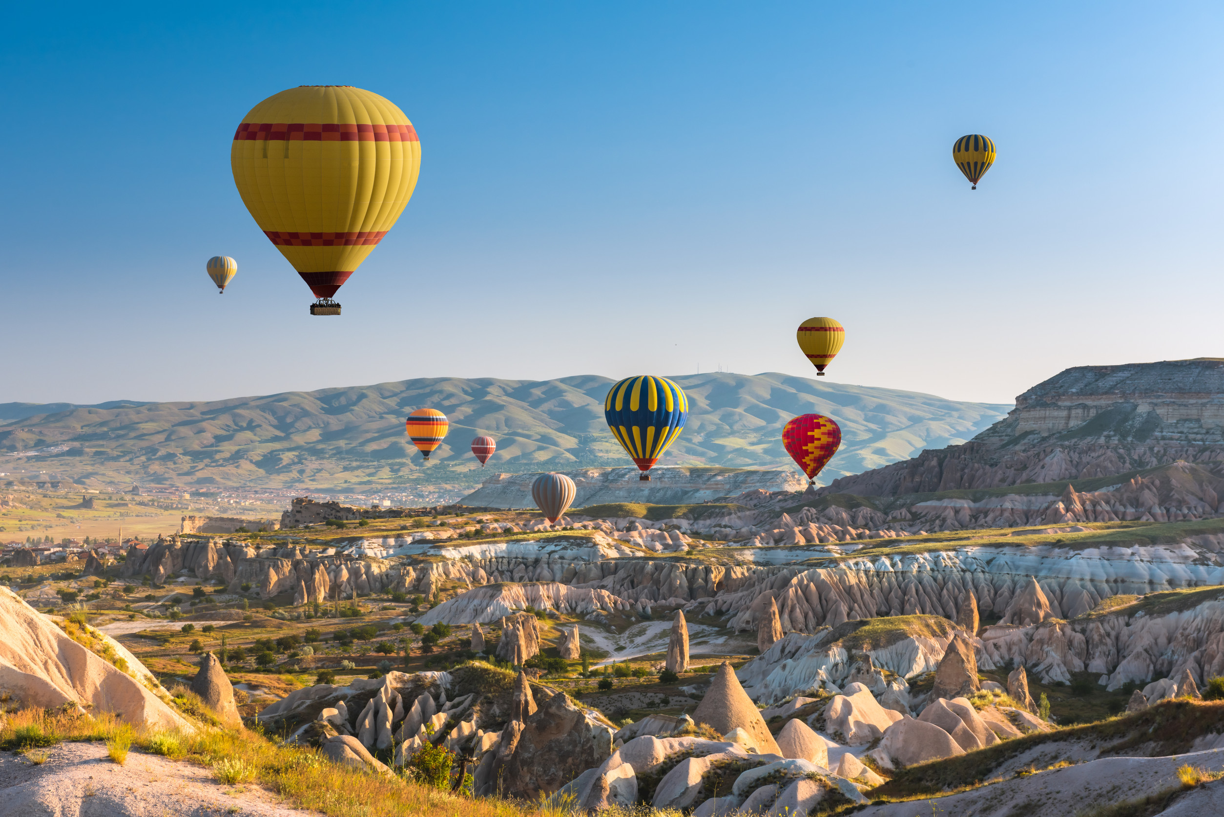Hot Air Balloons Flying In Sunset Sky Cappadocia Turkey Hot Air Balloons Flying In Sunset Sky Cappadocia Turkey