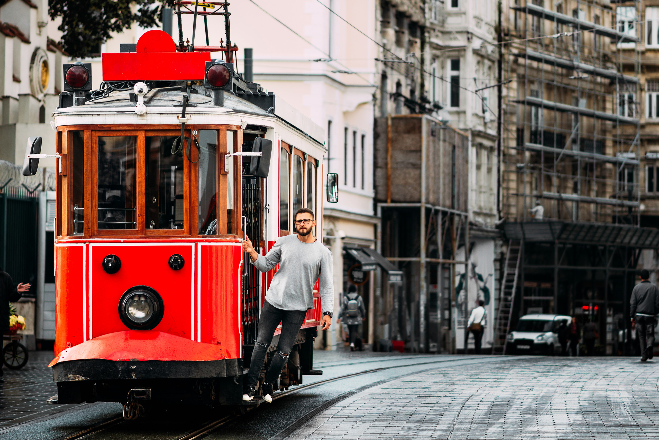 The former tram on Istiklal Street in Istanbul, Taksim-Tunel carry passengers
