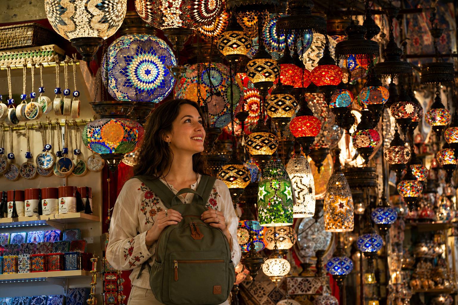 Woman Exploring Turkish Mosaic Lamp Market